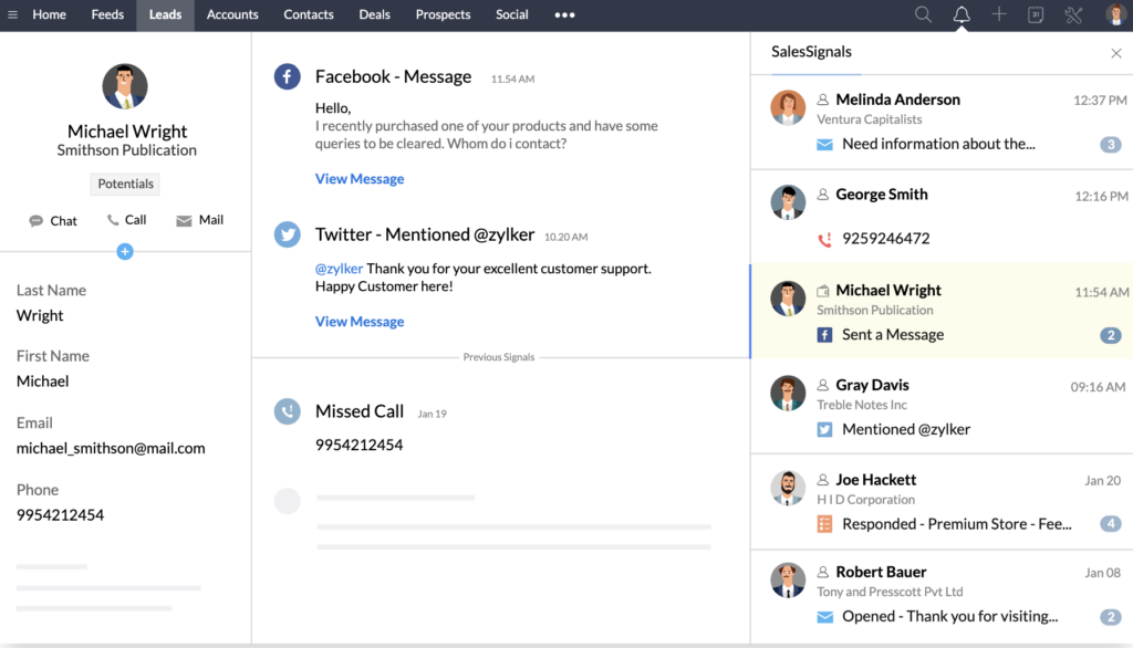 Zoho CRM's lead management dashboard showing omnichannel communication options like calling, emailing, and social media messaging.