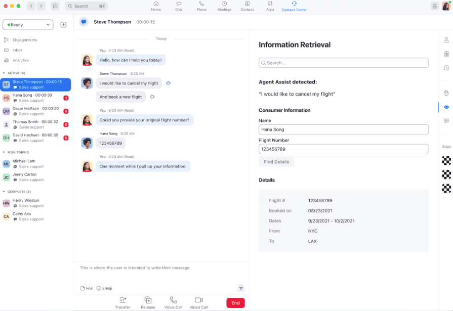 Zoom contact center dashboard with agent assistance on a customer interaction.