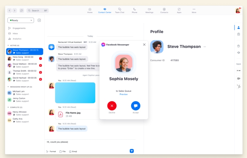 Zoom omnichannel support dashboard featuring integration with Facebook Messenger.