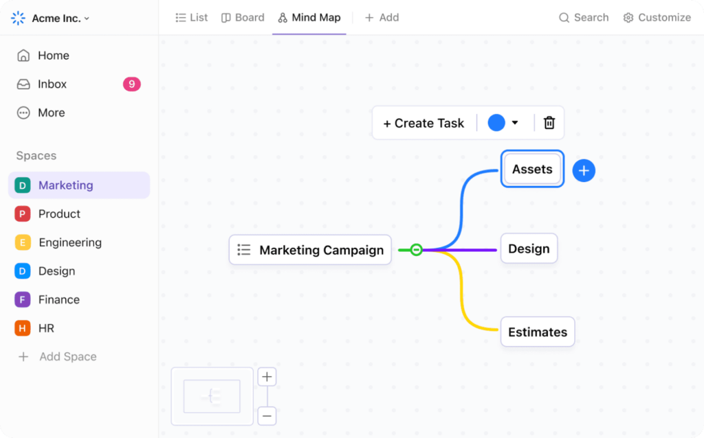 ClickUp mind map visualizing the flow of tasks for a marketing campaign.