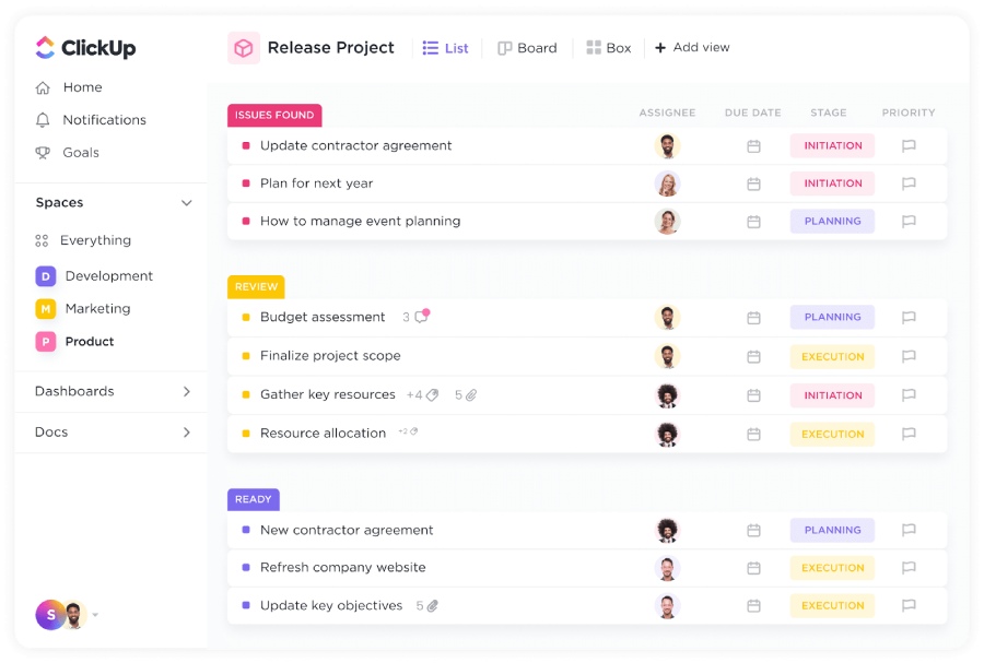 The ClickUp project management board displaying a list view of tasks categorized under color-coded sections.