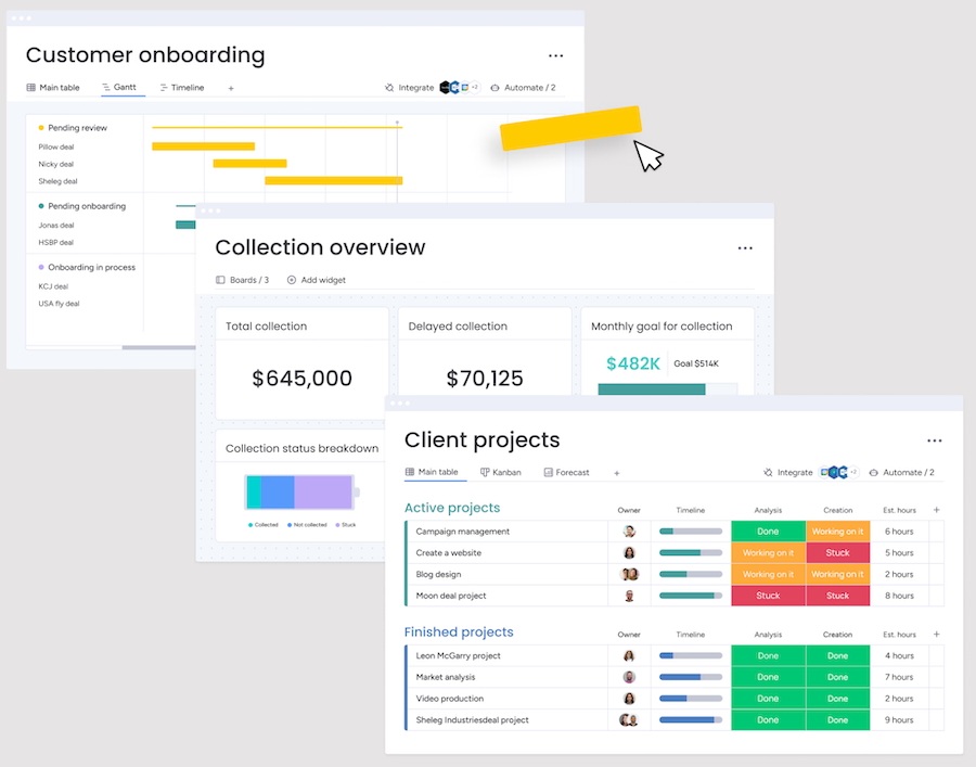 monday CRM's post sales management module for customer onboarding, collection tracking, and client project management.