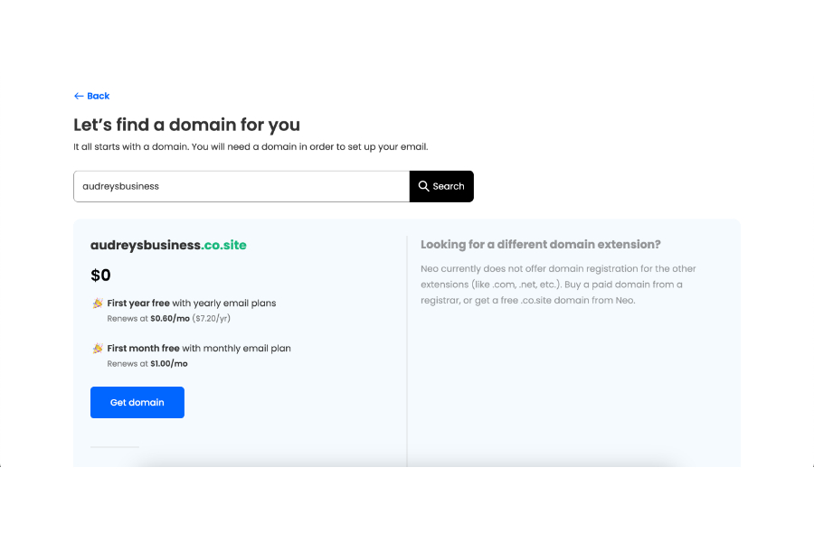 The process of searching for a free domain on the Neo Mail platform.