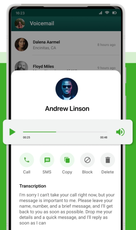 The Phone.com app voicemail interface with audio recording and transcription.