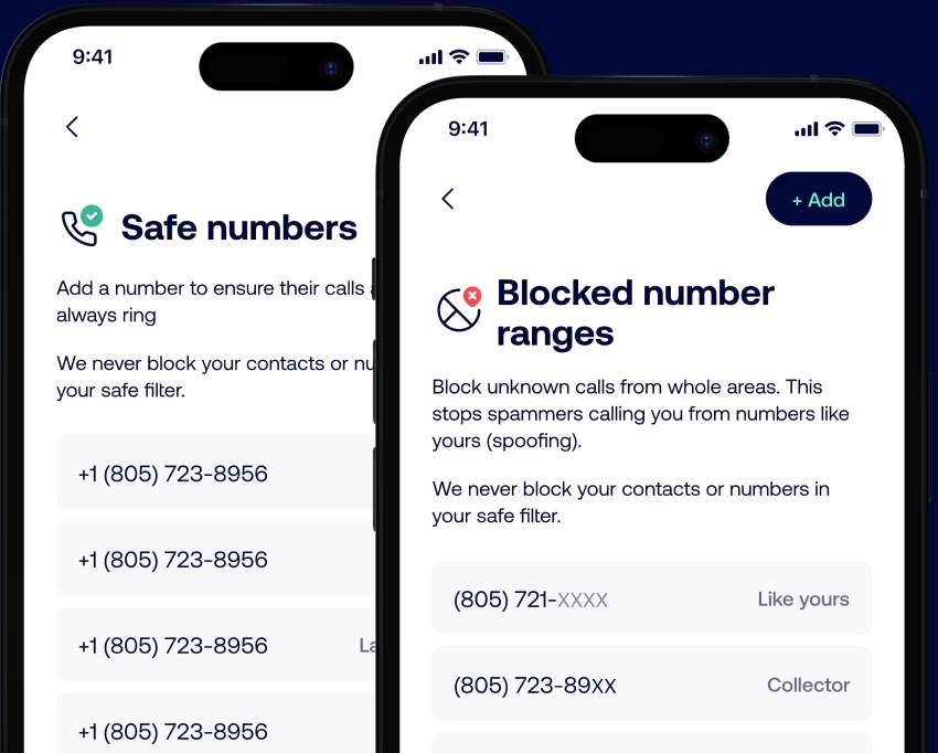 Two smartphones displaying the Robokiller interface for setting safe and blocked numbers.