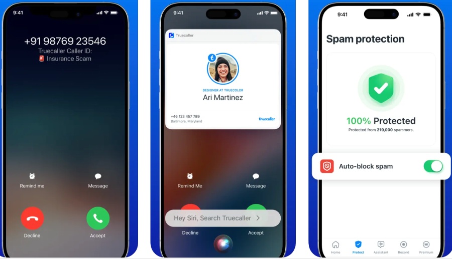 Three smartphones displaying the Truecaller interface for an incoming call, caller ID, and spam protection.