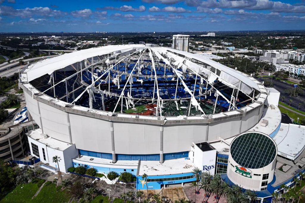 An image of the Tropicana Field damaged by the Hurricane Milton.