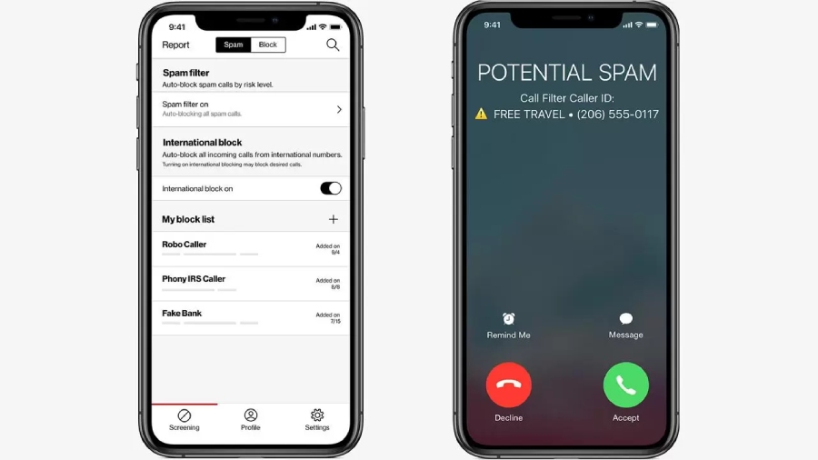 Two smartphones displaying Verizon Call Filter spam filter settings and an incoming spam call.