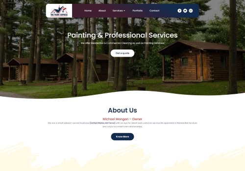 Painting & Professional Services Website About Us page by SEO Discovery showing a row of guest cabins in the trees. The headline for the page is "Painting & Professional Services."