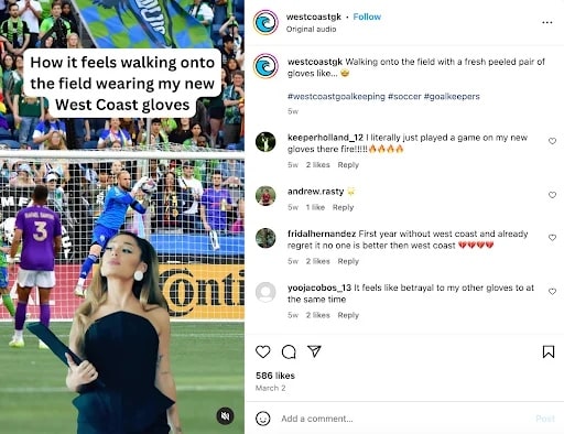 Social media content for a goalie glove manufacturing company by LYFE Marketing showing a photo of a woman at a game and comments from visitors. The headline is "How it feels walking onto the field wearing my new West Coast gloves."