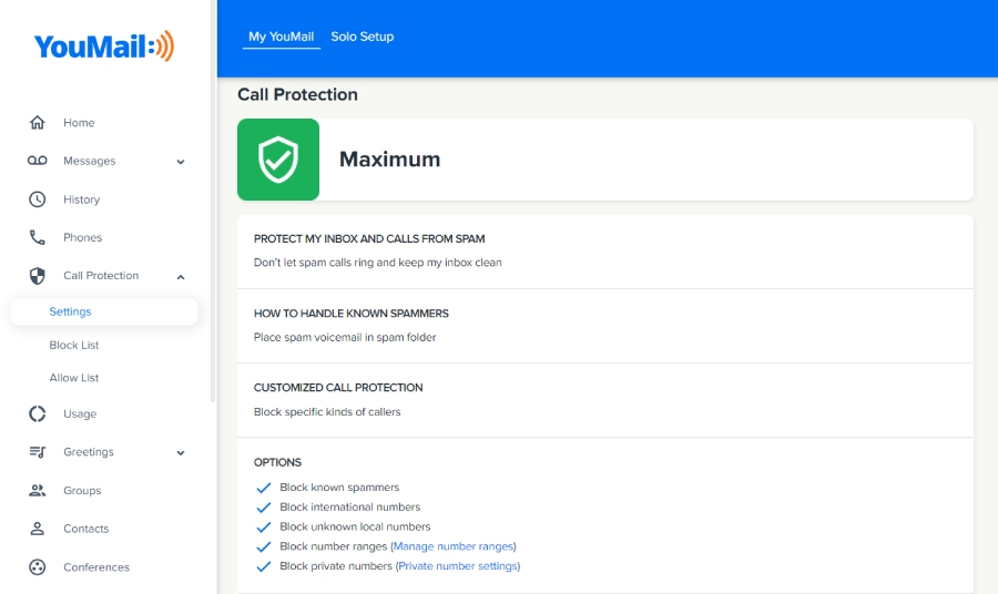 Configuration options for YouMail's customized call protection.