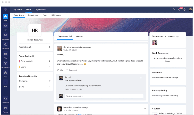 Zoho People's live feed page features a message board where employees can post updates and add their comments to announcements.