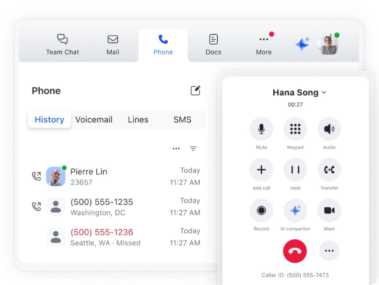Zoom Phone app featuring a real-time call and conversation history.