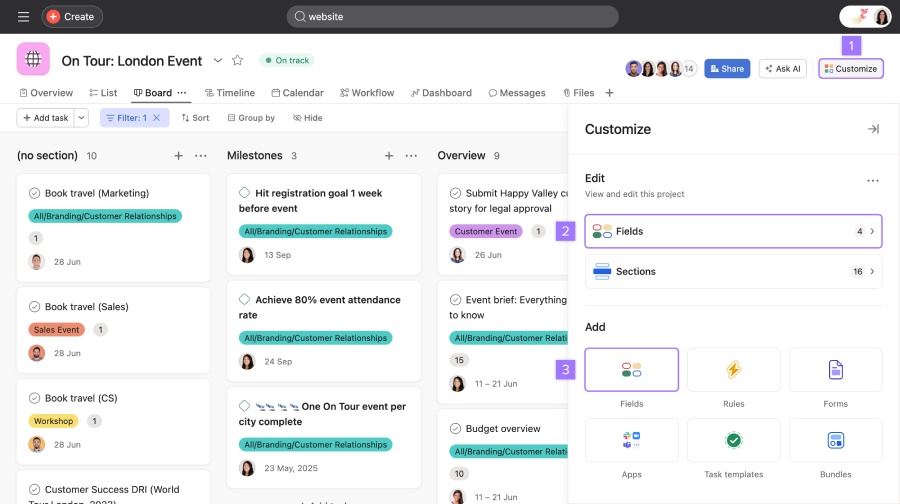 Asana board highlighting customizable fields and project milestones.