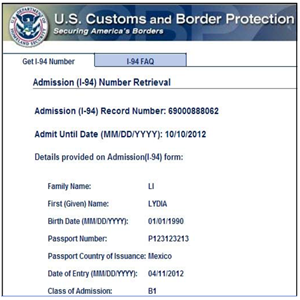 Form I-94 foreign passport online printout.