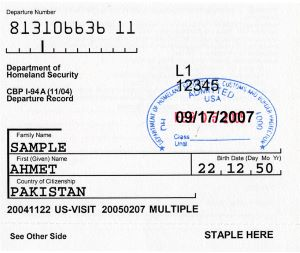 Stamped sample of foreign passport with Form I-94