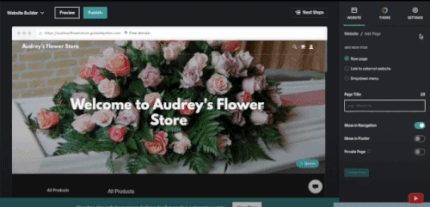 A look inside GoDaddy's editing platform with the homepage for Audrey's Flower Shop.