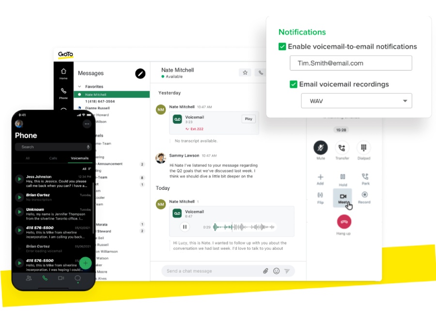 GoTo Connect mobile and desktop app featuring voicemail notification menu.