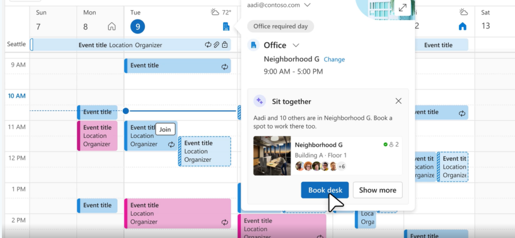 Calendar with restaurant reservation scheduling using Microsoft Places.