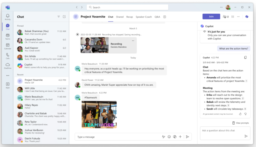 Microsoft Teams chat conversation featuring meeting insights from the Copilot.