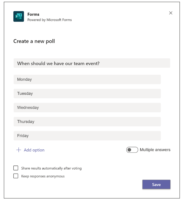 Microsoft Teams poll with options to schedule a team event.