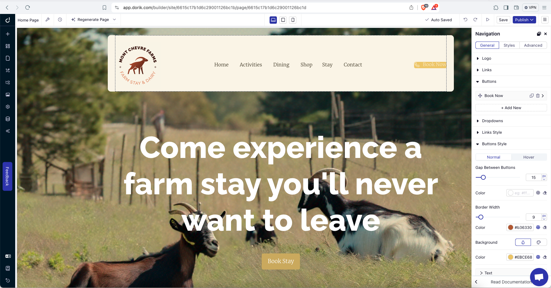 A goat farm website created in Dorik using an AI image of goats laying in a grassy meadow with the headline "Come experience a farm stay you'll never want to leave."