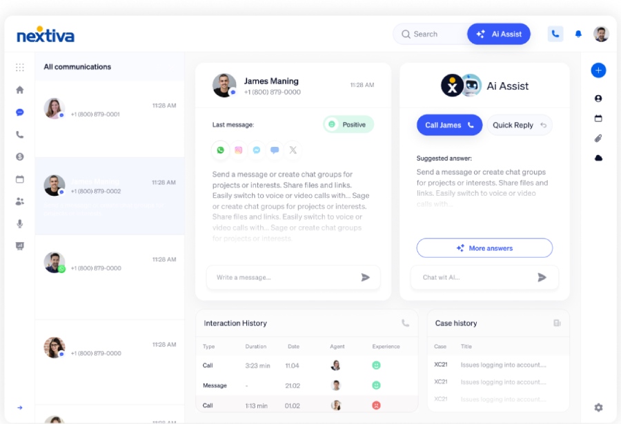 Nextiva inbox with AI assistant and overview of interactions and case history.