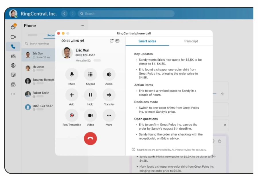 RingCentral post-call summary with smart meeting notes from the AI assistant.