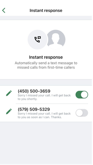 Instant response feature with custom message for missed calls.