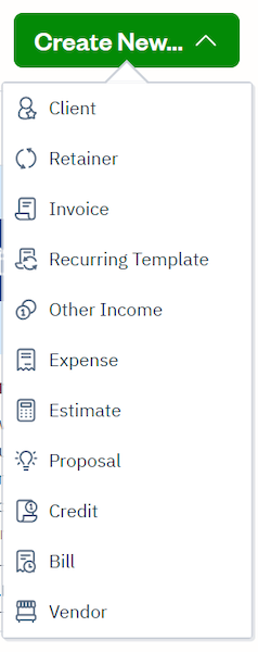 Screenshot of the dropdown button in FreshBooks listing the types of transactions that can be created.