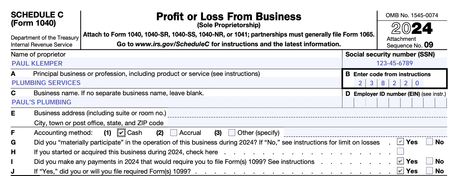 Screenshot of the header section from Schedule C (Form 1040.