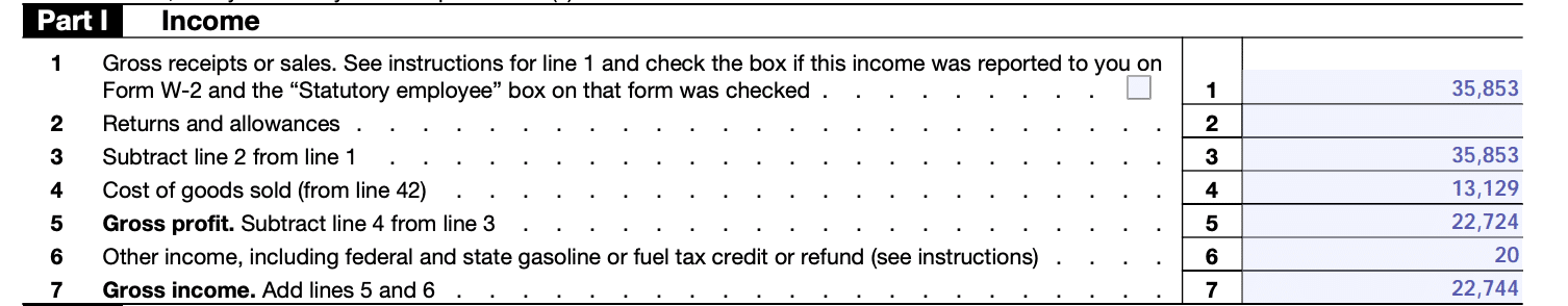 Screenshot of Schedule C (Form 1040), Part I