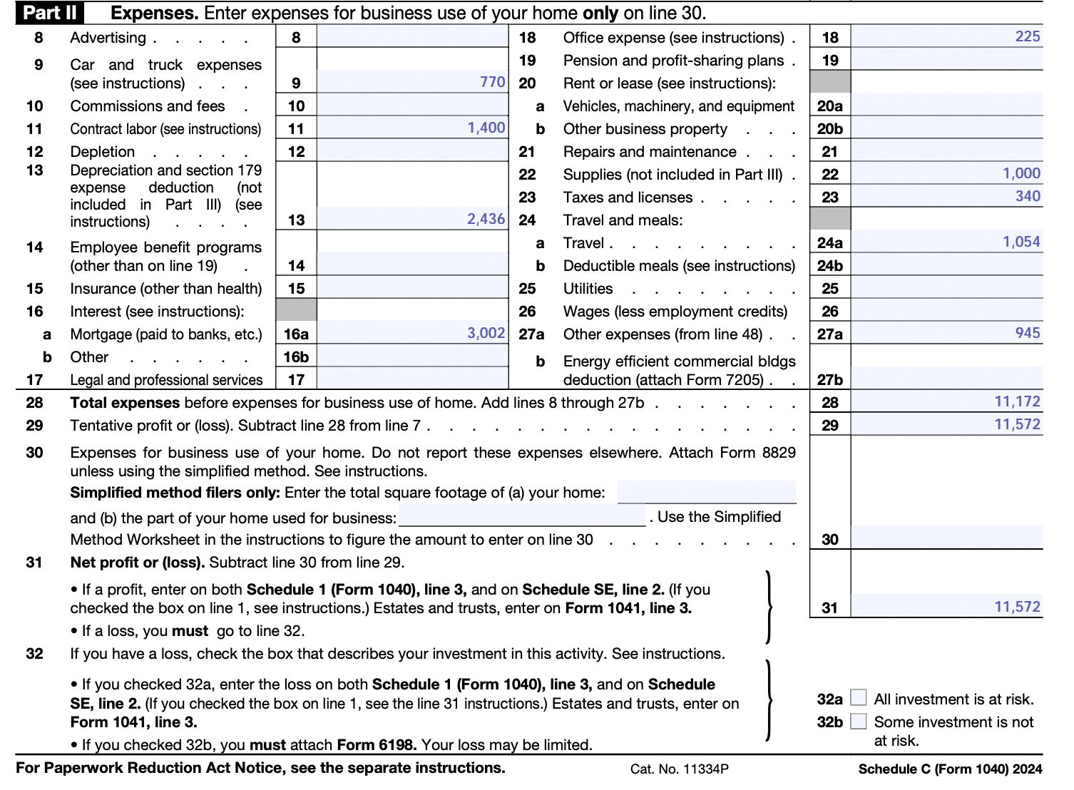 Screenshot of Schedule C (Form 1040), Part II.