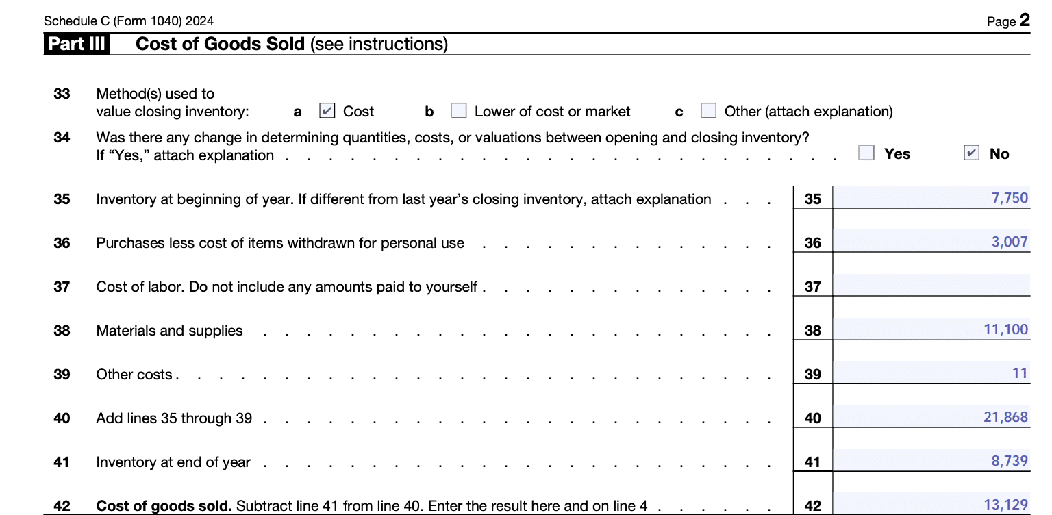 Screenshot of Schedule C (Form 1040), Part III