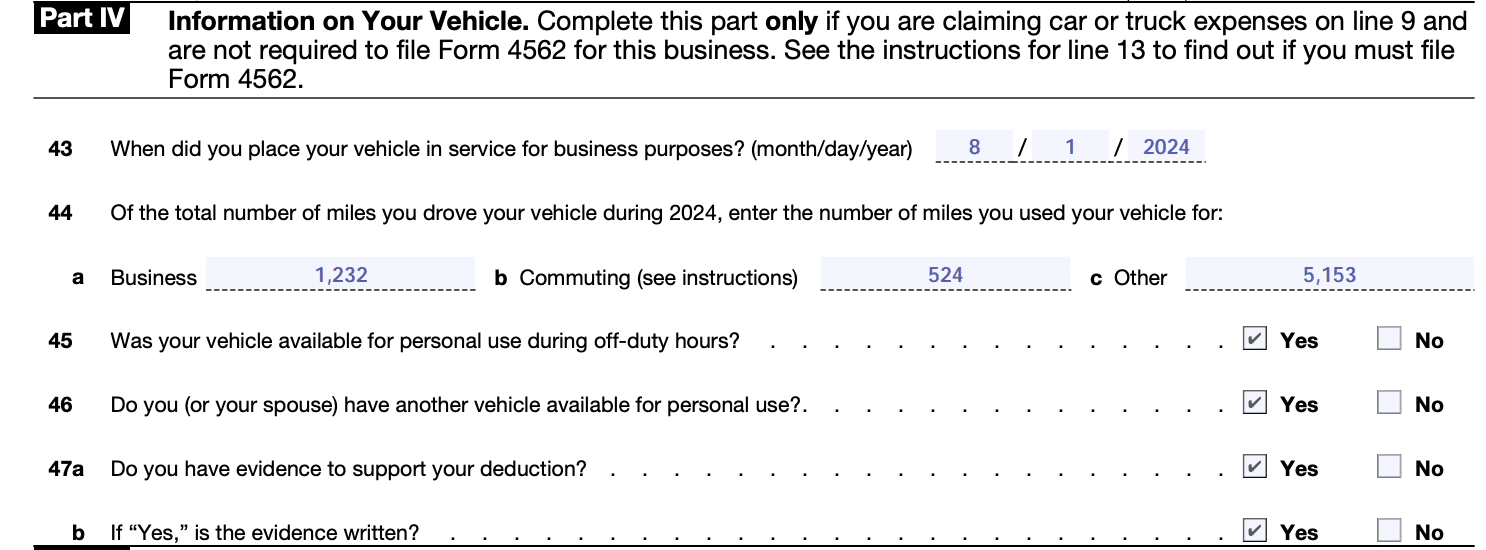 Screenshot of Schedule C (Form 1040), Part IV