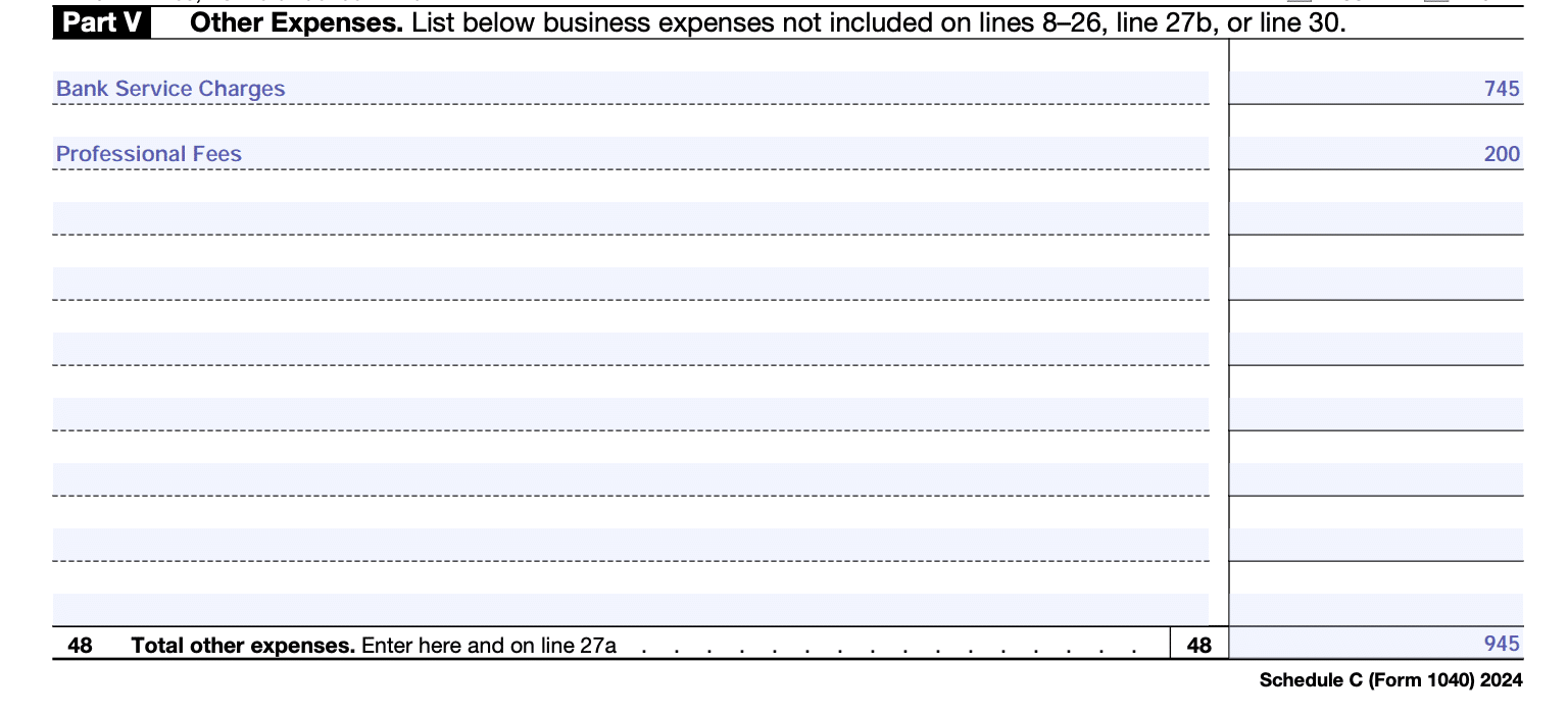 Screenshot of Schedule C (Form 1040), Part V