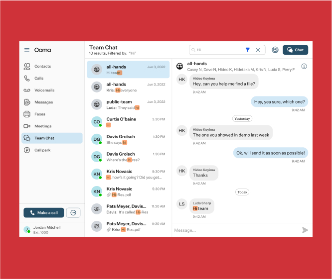 Team Chat interface in Ooma Office Pro Plus with search functionality.