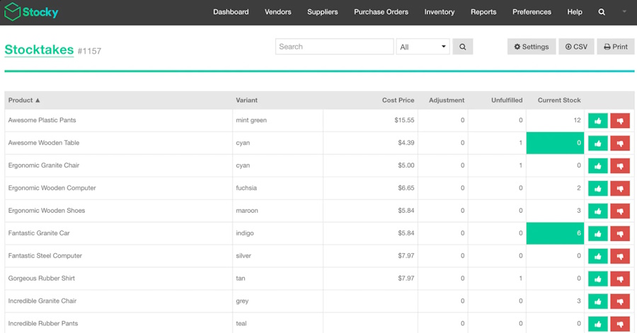 Shopify POS Stocky app inventory screen.