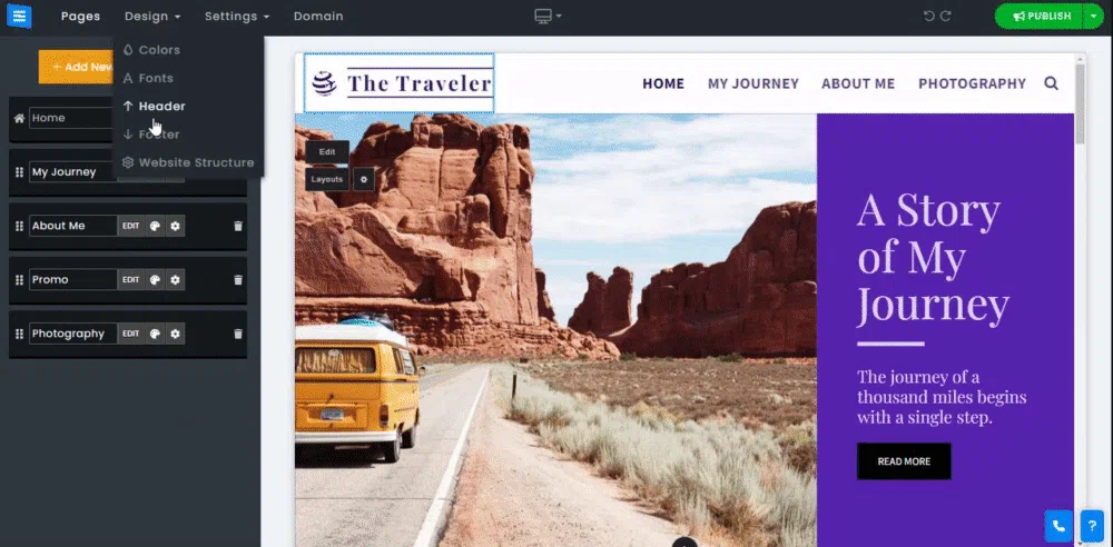 Site123’s section editor showing how to edit and format specific elements of a global website footer including contact information for a travel site.