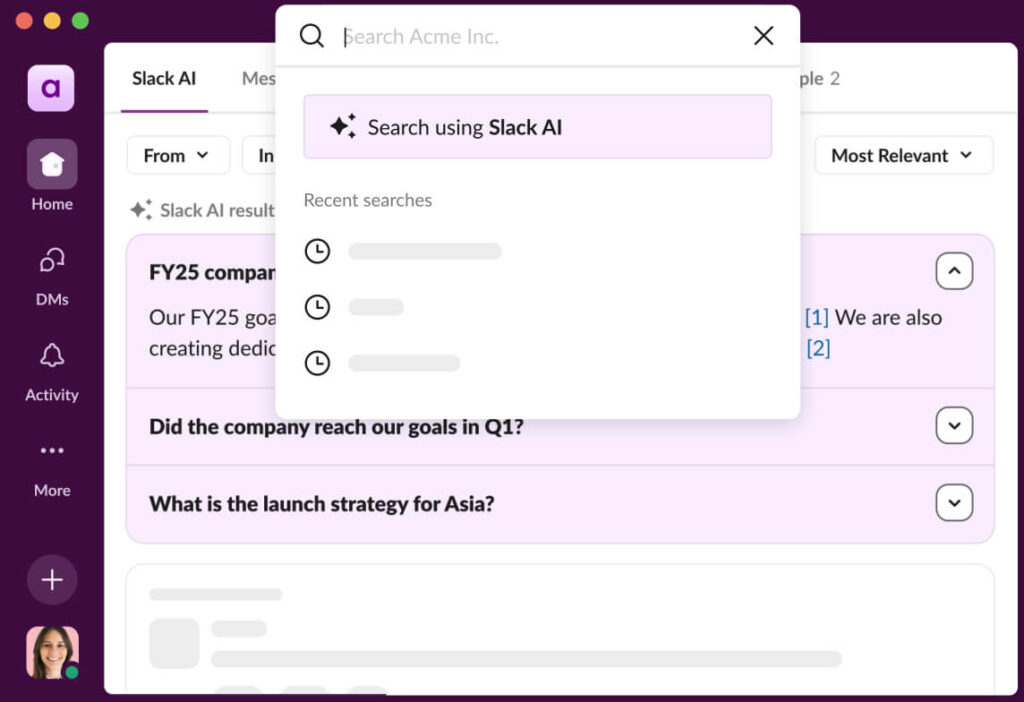 Slack desktop application highlighting the artificial intelligence powered search feature.