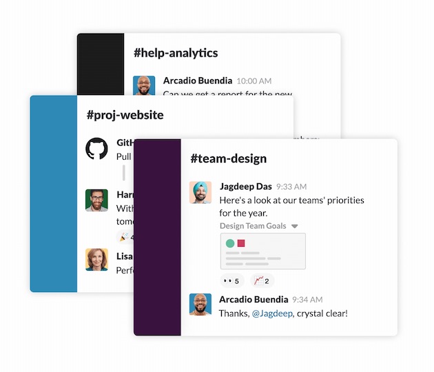 Multiple Slack channels featuring conversations between team members.