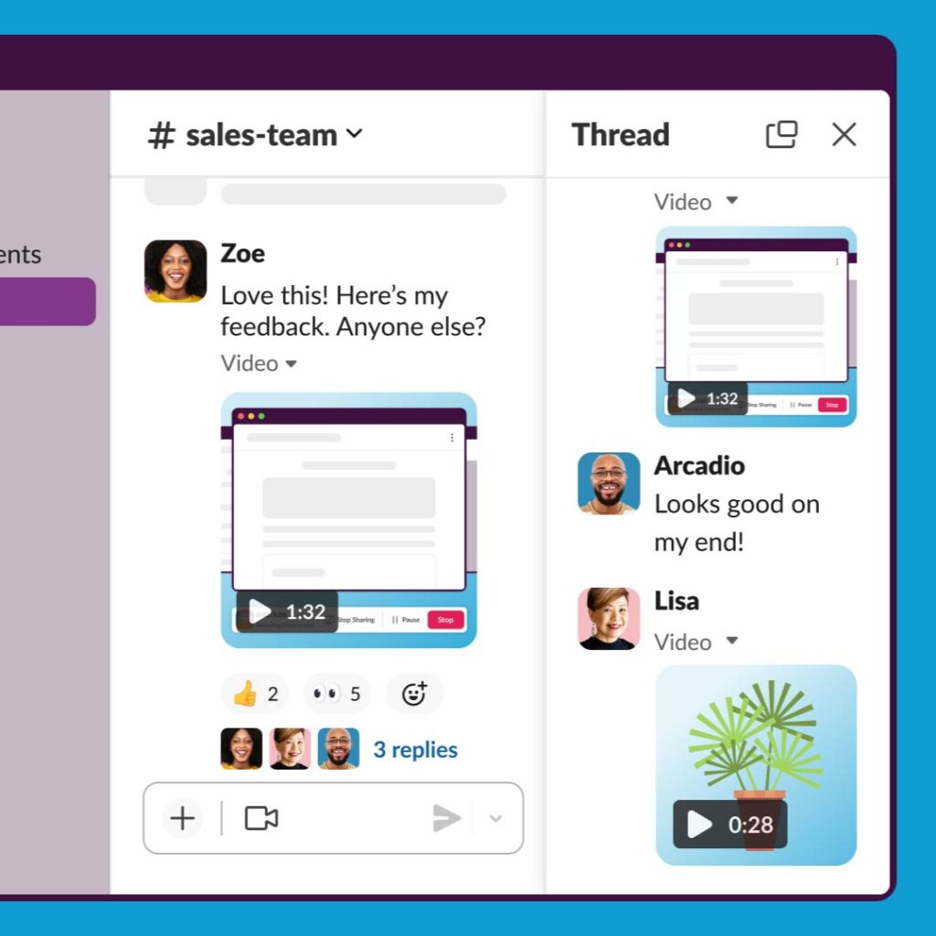 Slack chat conversation with users sharing video clips.