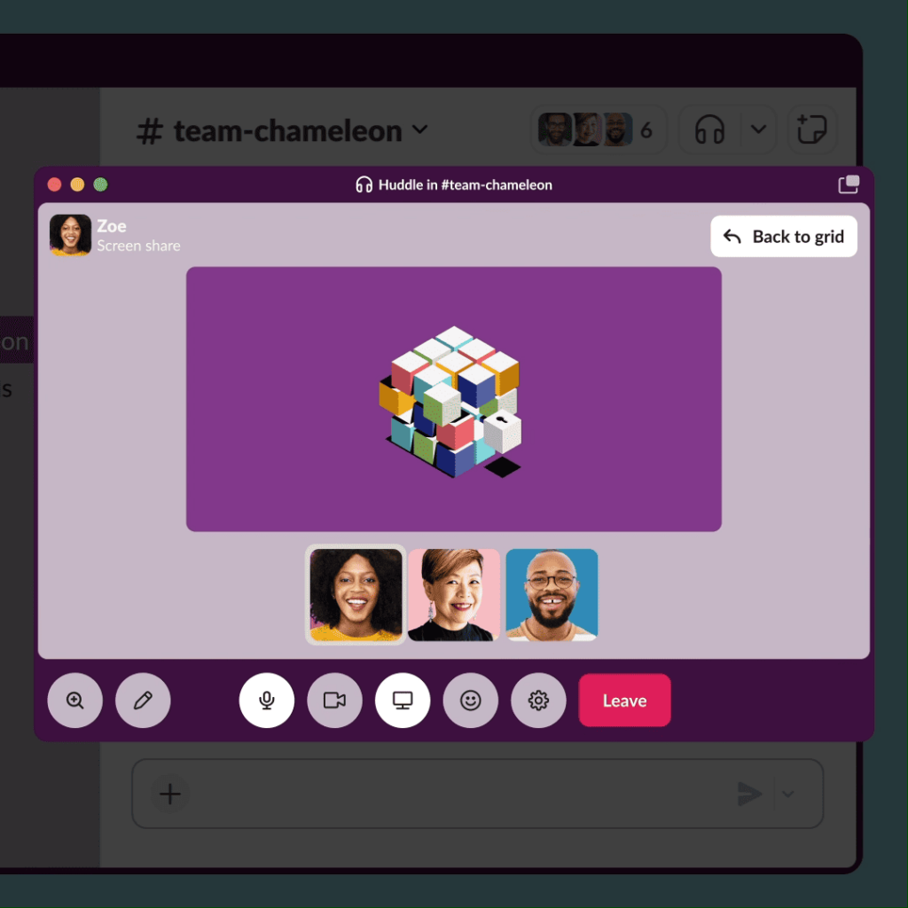 Slack video conferencing huddle featuring a user sharing their screen with colleagues.