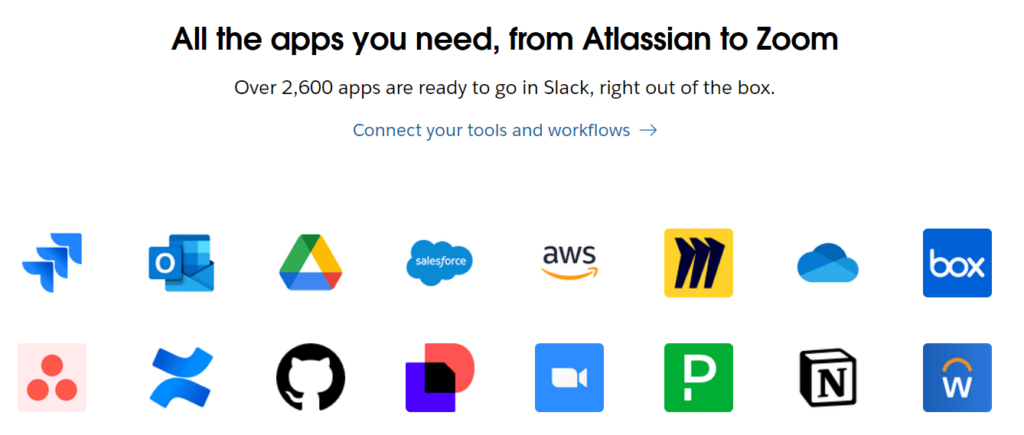 Logo grid featuring the top third-party applications available in the Slack marketplace.