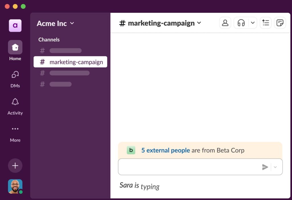 Slack channel in the desktop app highlighting a user typing a message.