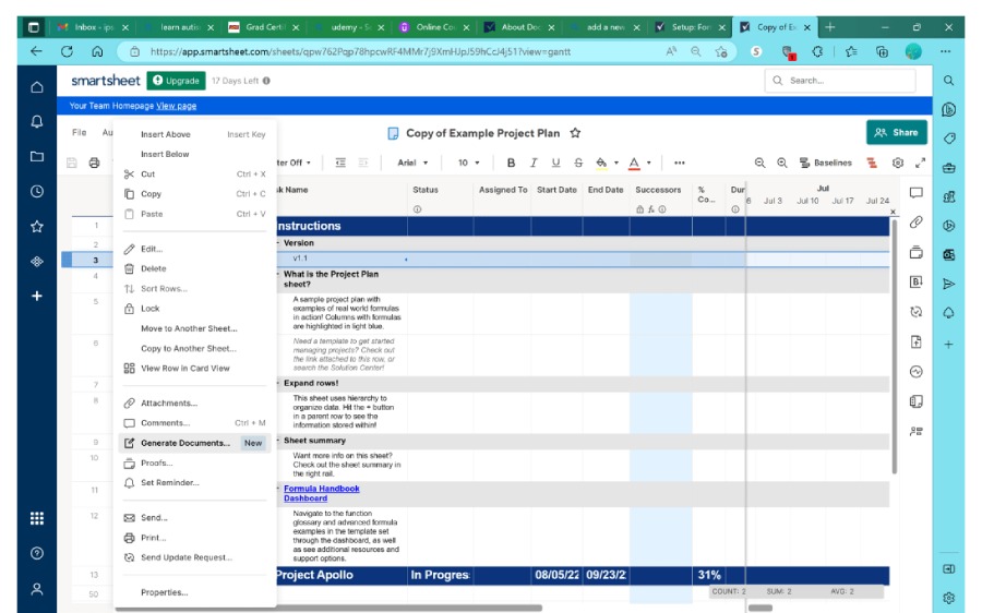 Smartsheet document builder featuring how to generate a document.