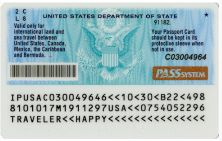 Back view of a U.S. passport card with eagle crest.