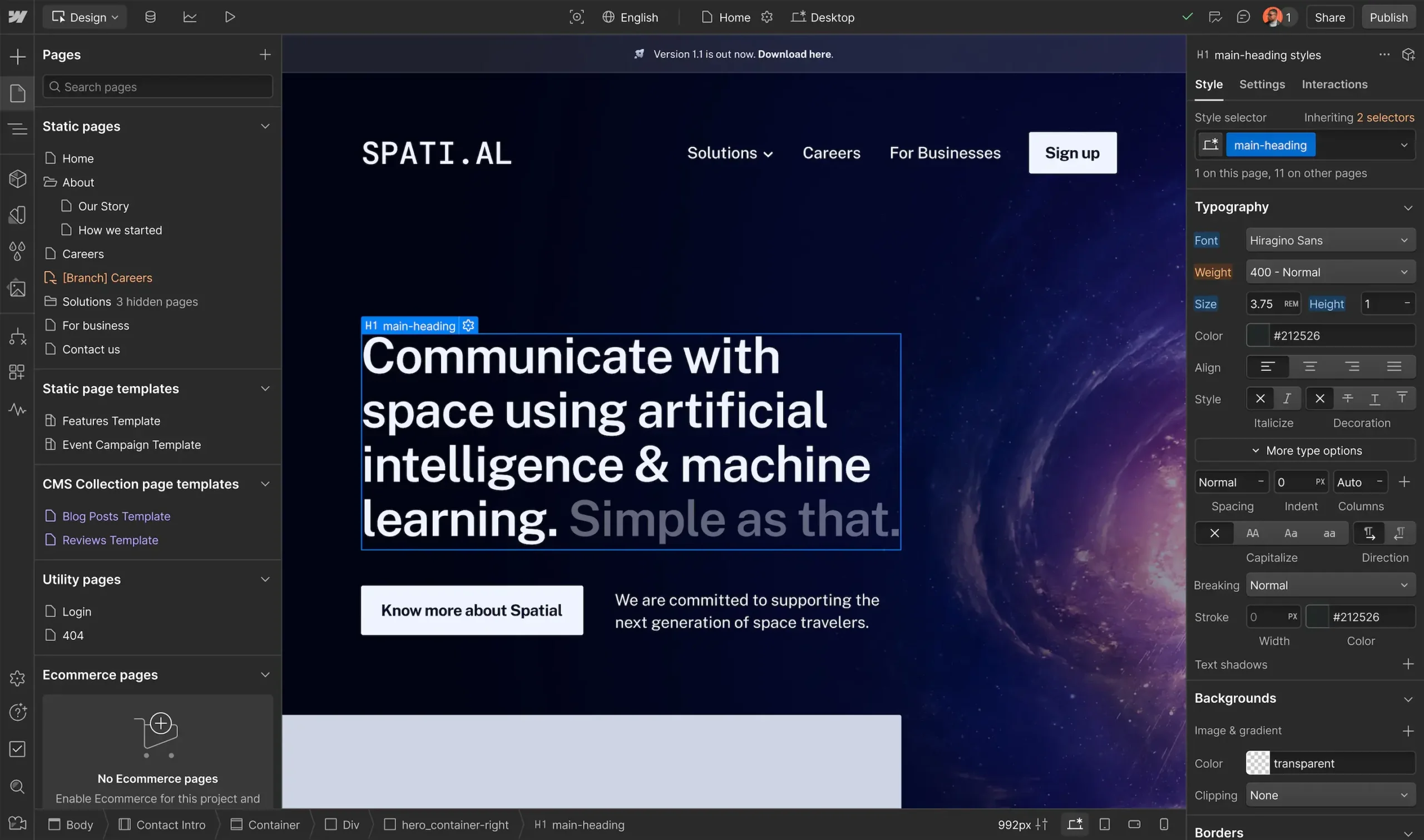 Webflow's page design interface showing the page manager on the left and specific page editor controls on the right. The pictured site show a galaxy in deep space and the title "Communicate with space using artificial intelligence & machine learning. Simple as that."