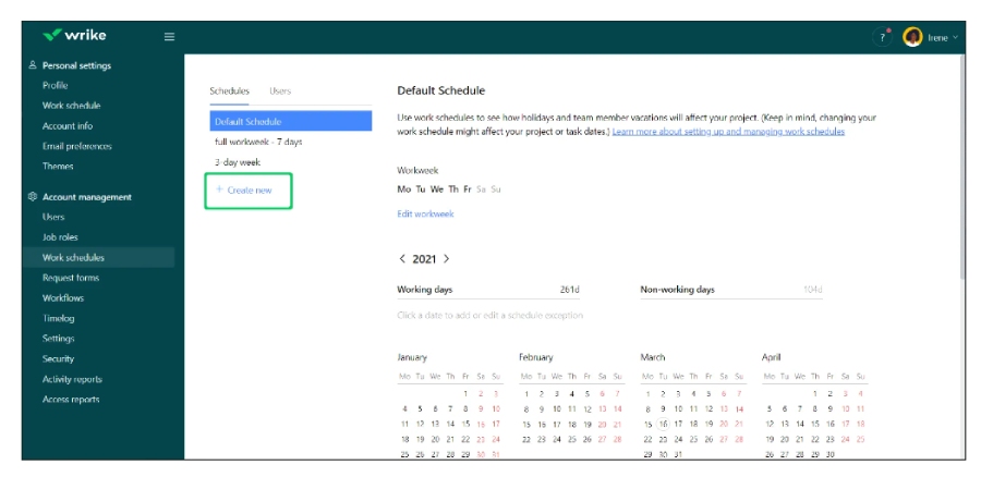 Calendar view of Wrike working schedule featuring working and non-working days.