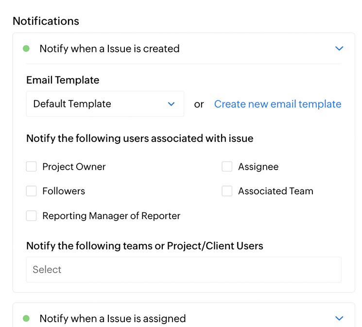 Zoho Projects template for automating notifications when creating an issue.